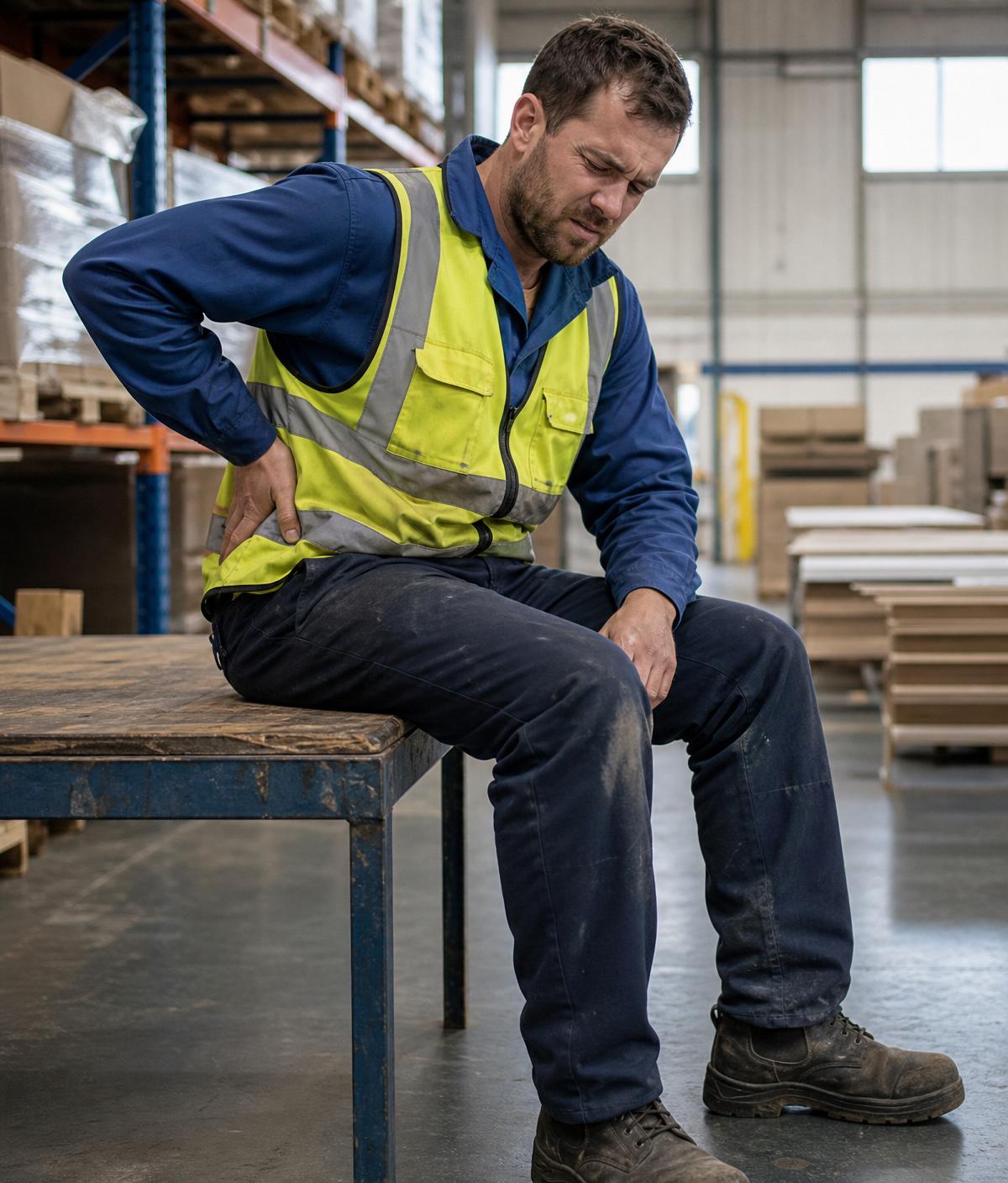 Injured NSW worker in high-visibility vest holding lower back in a warehouse